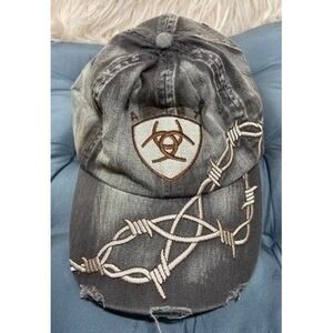 Ariat Mens Distressed Herringbone Barbed Wire Logo Baseball Cap Grey Brown Hat